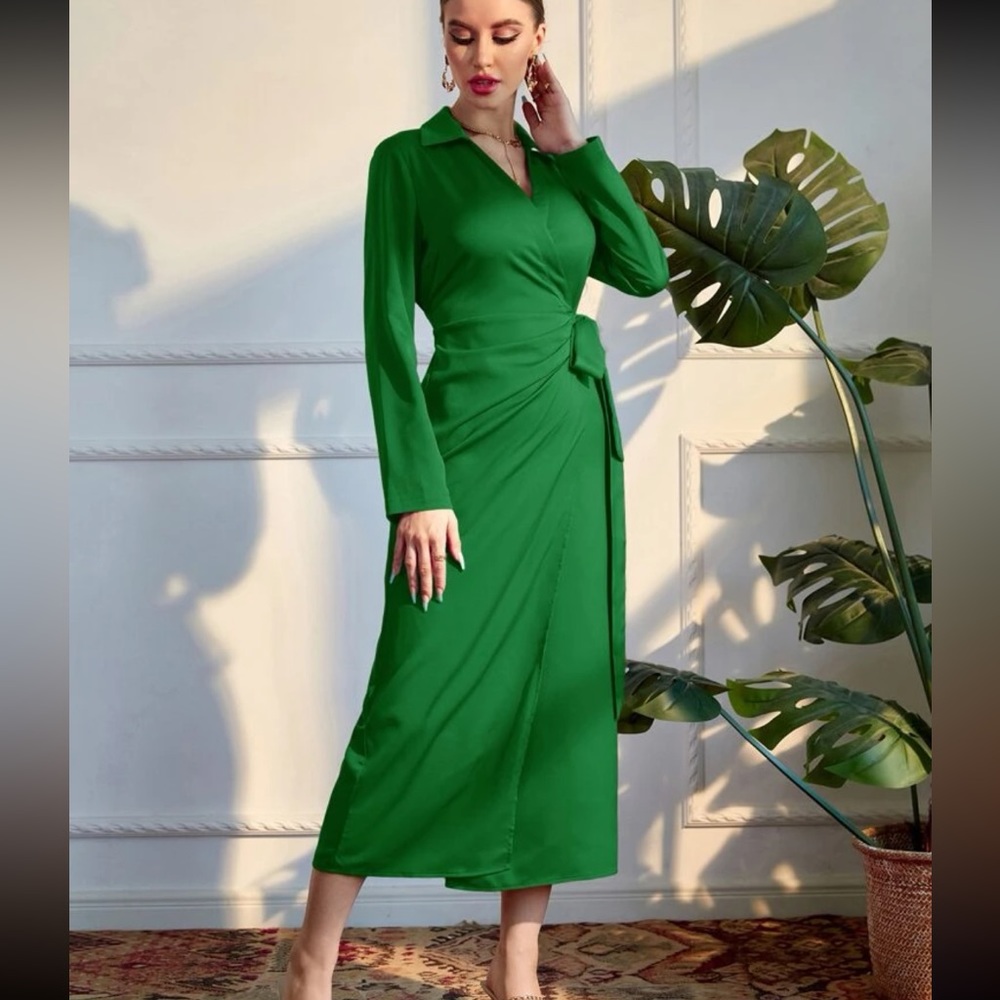 Solid Wrap Tie Side Dress - Picture 5 of 7